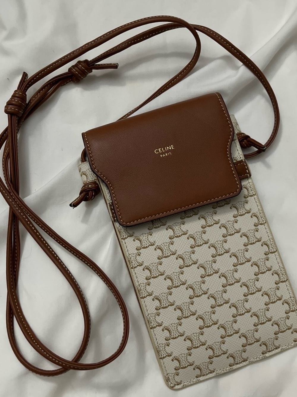 Celine Brown Leather & Cream Triomphe Crossbody Pouch